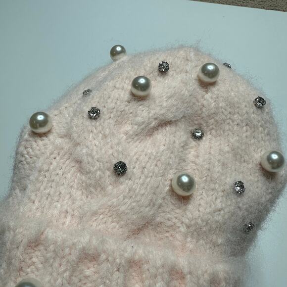 MAEVE ANTHROPOLOGIE Pink Embellished Rhinestone Pearl Cuffed Beanie Hat NWT - Picture 10 of 12